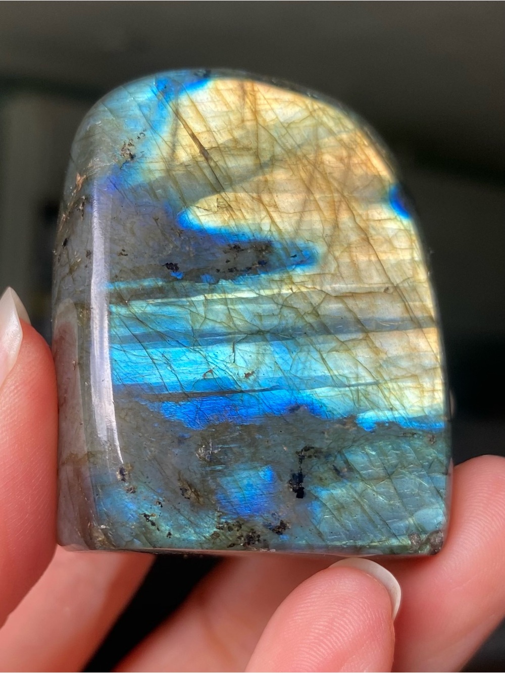 Polished Labradorite Display Stone — Blue and Gold Iridescence